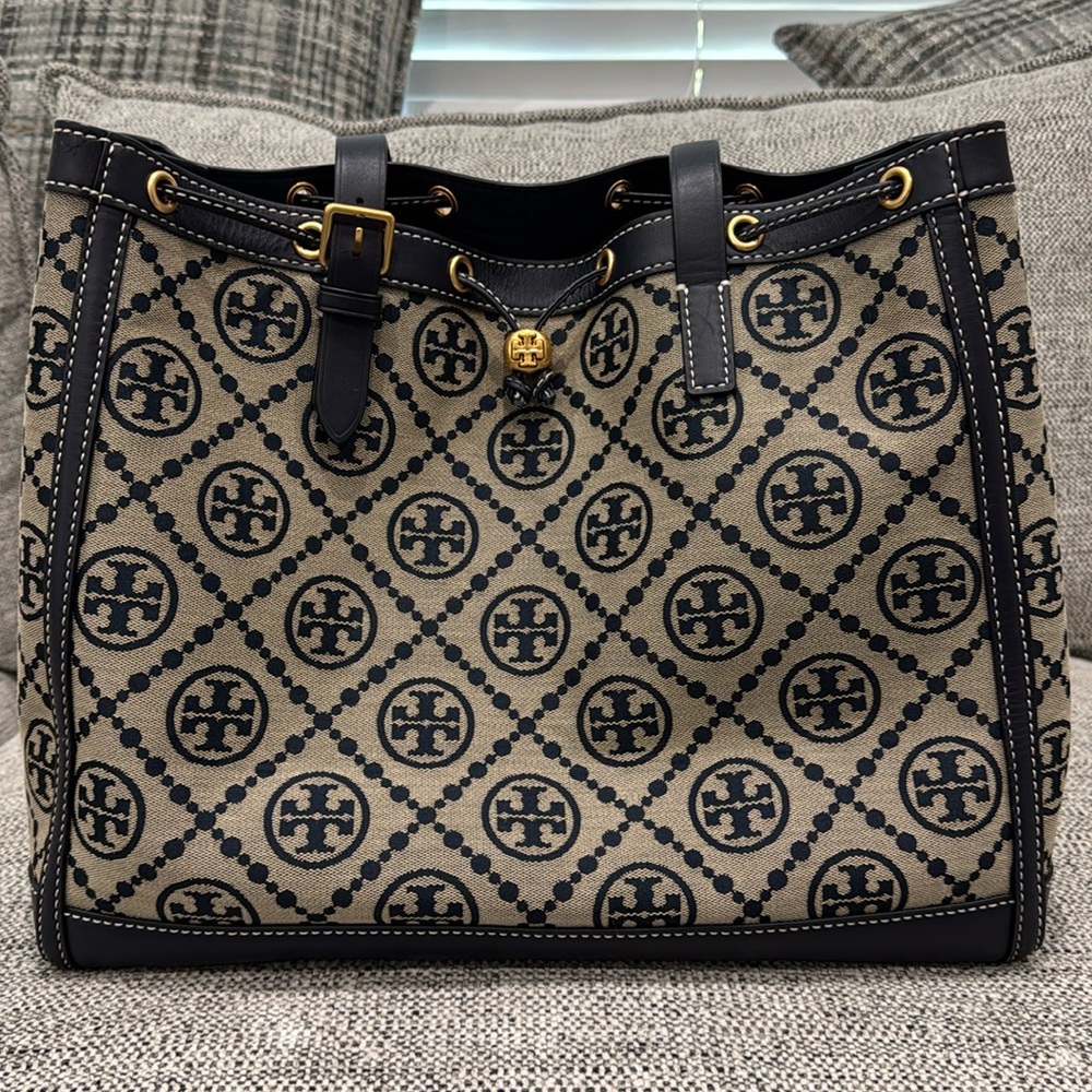 Tory Burch Patterned Navy and Tan Tote